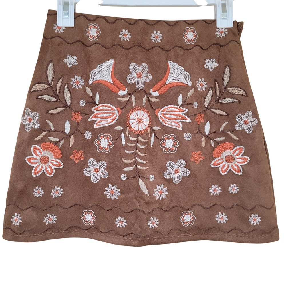 Francescas Brown Embroidered faux Suede Mini Skirt Size S Hippie boho artsy